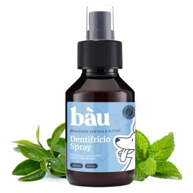 Bàu Dentifricio Spray per Cani, Pulizia Denti Cane Profonda, Spray Alito Cane Sgradevole, Previene Tartaro, Dentifricio per Cani Arricchito con Menta ed estratti di Tè Verde - 100 ml