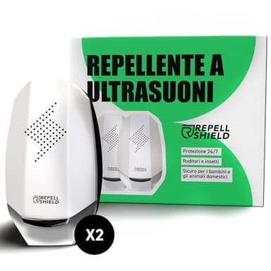 RepellShield Repellente Ultrasuoni per Topi da Esterno e Interno x2- Repellente per Animali Infestanti a Ultrasuoni - Protezione 24/7 per 120m² - Dissuasore Multiuso Contro Ratti, Topi, Talpe, Martore