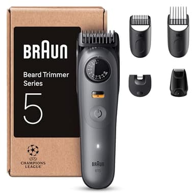 Braun Regolabarba Uomo Series 5, Rasoio Elettrico Barba Braun, +5 Strumenti Styling, Lama Ultra Affilata, 120 Min Autonomia, Impermeabile, Selettore di Precisione Con 40 Lunghezze&Blocco BT5525 Grigio