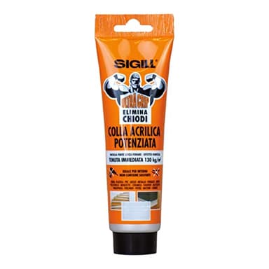 SIGILL, Ultra Grip Elimina Chiodi, Colla di Montaggio Potenziata per L'incollaggio Senza Utilizzo di Chiodi o Viti, Effetto Ventosa con Presa Iniziale 130 kg, Senza Solventi, Made in Italy, 125 ml