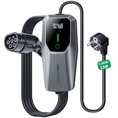 VDLPOWEREU Caricabatterie Elettrico per Auto, 3,6 KW /15M EV Caricatore Tipo 2, Cavo Ricarica Veicolo Elettrico 6-16 A con Spina EU Schuko, terminale di Ricarica monofase IP65 (IEC 62196-2)