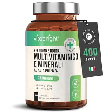 Multivitaminico Completo VitaBright Uomo e Donna | 400 Compresse (400 Giorni) | 27 Vitamine e Minerali | 100% NRV Tutte le Vitamine | Integratore Multivitaminico per Adulti e Ragazzi 12+