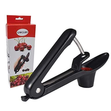 GWCLEO Snocciolatore Ciliegie, Manuale Levatorsoli da Ciliegia con Bastone in Acciaio Inox, Maniglia in Plastica e Supporti per Frutta in Silicone, Denocciolatore Ciliegie per Marmellata(Nero)