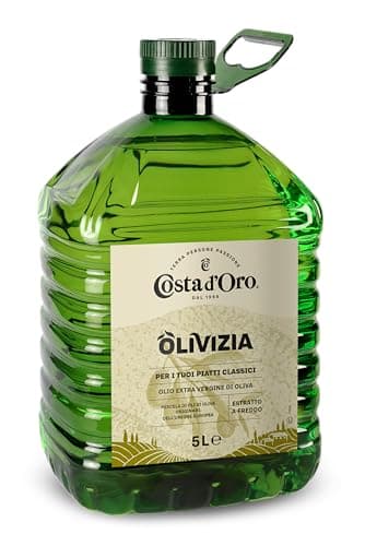 Costa d’Oro – Olivizia 5L. Olio extravergine realizzato con una selezione di raccolta tardiva delle migliori cultivar del Bacino del Mediterraneo. PET da 5L.