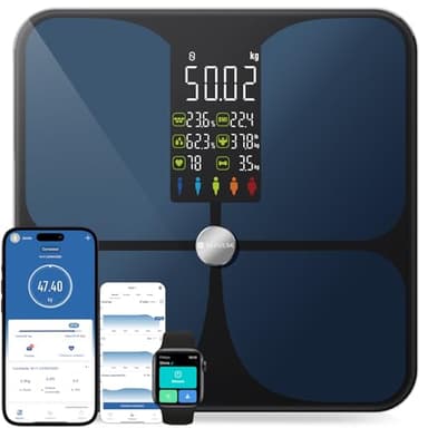 Bilancia Pesapersone Digitale, Bilancia Impedenziometrica Professionale, Smart Bilancia Massa Magra e Grassa BMI con 22 Indici, Bilancia Pesapersone Professionale con App (Nero, 4AAA)