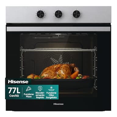 Hisense BI61111AX Forno da Incasso Multifunzione 77 L, Termoventilato, 12 Funzioni di Cottura, Steam Clean, Pizza 300°C, AirFry, Preriscaldamento Rapido, Classe A, Inox