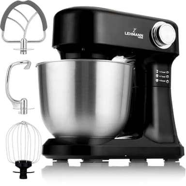 LEHMANN Impastatrice Planetaria, 1500 W, 12 Velocità, Ciotola 5 L, Accessori - Frusta, Gancio Impastare e Mescolatore, ideal Impastatrice per Pizza, Pane e Dolci - perfetta per Ogni Cucina, Nero