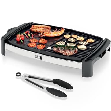 LEBENLANG Barbecue elettrico da balcone 2000W - Incl. pinze per grigliare I 45x30cm I Griglia elettrica barbecue da interno & da esterno I Bistecchiera grande Piastra grill BBQ Griglie elettriche XXL