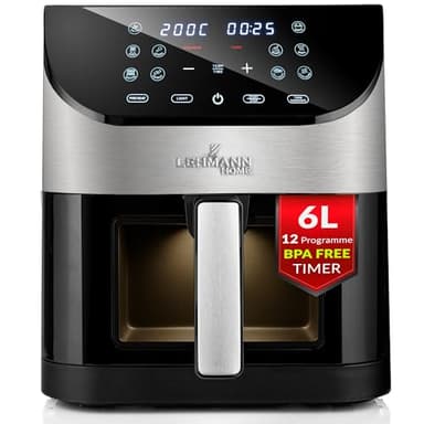 LEHMANN Friggitrice ad aria 6 Litri con Finestra di Visualizzazione, 12 Programmi & Regolazione 76–200°C, Intuitivo Pannello Digitale, Lavabile in Lavastoviglie, Air Fryer XL ideale per 4-6 Persone