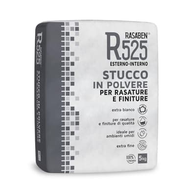 RASABEN - Stucco Bianco in Polvere R525 Extra Fine a Base di Cemento per Rasature e Finiture di Qualità, Ideale per Ambienti Umidi, per Interno ed Esterno, Made in Italy, Sacco da 5kg