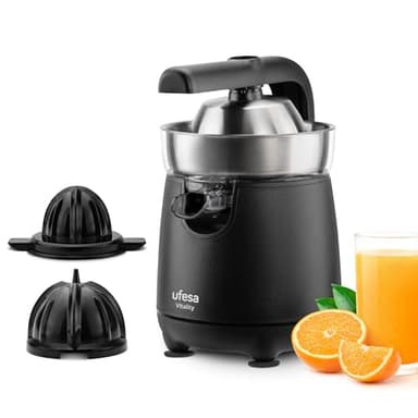 Ufesa Vitality, Spremiagrumi Elettrico a Braccio, 120W, Versamento Continuo, Sistema Ant gocciolamento, Cono Doppio, Filtro in Acciaio Inox, Braccio per l'estrazione del Succo, Senza BPA, Nero Inox