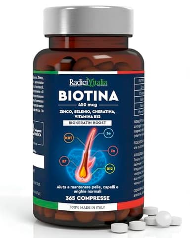 Biotina Zinco e Selenio 450mcg Integratore Vitamina B12 365 Compresse Mantenimento Capelli Pelle Unghie Sani e Robusti con Cheratina Biokeratin Boost 1 Anno di Trattamento RadiciVitalia Made in Italy