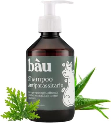 Bau Shampo Antipulci Cane Delicato sulla Pelle, Shampoo Cani Repellente Olio di Neem e Aloe Vera, Shampoo Antiparassitario Naturale per Cani Protezione Contro Pulci e Zecche