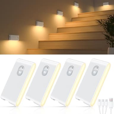 WILLED Luce Notturna, 4 Pezzi Lampada Notturna Sensore Movimento, Caricabile USB Luce Notturna Bambini con 3 Modalità (Auto/ON/OFF), per Scale, Camere da Letto, Cucina, Corridoio e Bagno