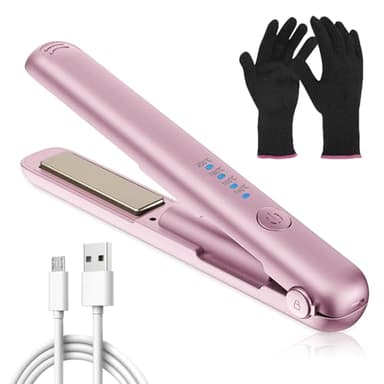 Mini piastra lisciante senza fili, mini piastra da viaggio, per capelli corti, ricci e lunghi, batteria 3200 mAh, riscaldamento rapido 20 secondi, rosa