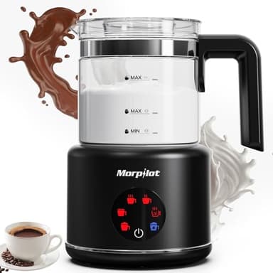 Montalatte Elettrico, Morpilot Milk Frother in Vetro, Bello da Vedere, 6 in 1 Funzione, Capacità 250ml Cappuccino o 500 ml Latte Caldo, Design Diviso, Nero