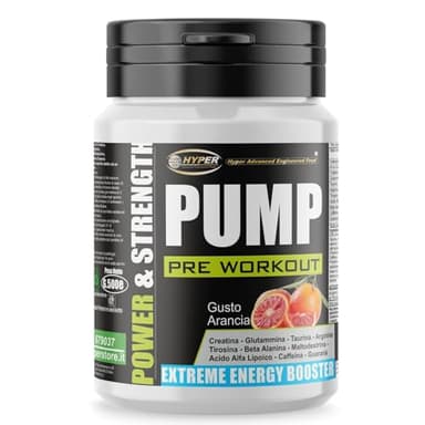 Hyper Pre Workout Potente Power & Strength Pump 500 gr - Preworkout Bodybuilding con Creatina, Glutammina, Taurina, Arginina, Tirosina, Acido Alfa Lipoico, Beta Alanina, Caffeina e Guaranà.