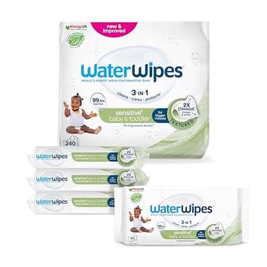 WaterWipes Sensitive+ Baby & Toddler Wipes, Salviettine per Neonati e Bambini Piccoli, 240 Pezzi (4 Confezioni), Deterge, Cura, Protegge, 99,9% Acqua, Texture Pulente, Senza Profumo