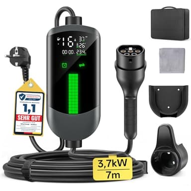 Colonnina Ricarica Auto Elettrica Wallbox - 3,7kW/7M/6-16A Carichino Auto Elettrica Portatile con LCD Digitale e Supporto, Caricabatterie Ritardato, IP65, Compatibile con EVs(IEC 62196-2) & PHEVS