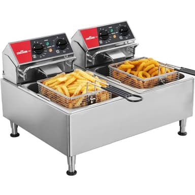 CROSSON Friggitrice Commerciale 12Litri,6000W Friggitrice Elettrica ad Olio Vasca Doppia Rimovibile con Cestello e Coperchio,Riscaldamento Rapido,per Cucina Ristorante