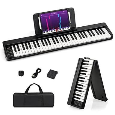 COSTWAY Pianoforte Digitale Pieghevole 61 Tasti, Tastiera Elettronica Portatile, con Tasti a Grandezza Standard Leggio Pedale Sustain MIDI Bluetooth e Borsa, per Principianti Bambini Adulti, Nero