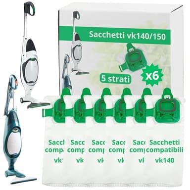 NAMAI - Set di 6 Sacchetti Folletto VK140 e VK150, Ricambi Compatibili, Microfibra Resistente, Antibatterici, Ricambi Folletto (6 Sacchetti)