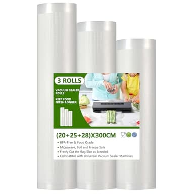 Diboniur Sacchetti Sottovuoto per Alimenti, 3 Rotoli Buste Sottovuoto Alimenti 20/25/28x300cm, Goffrato Sacchetti Sottovuoto per Macchina Sottovuoto e Cottura Sous Vide