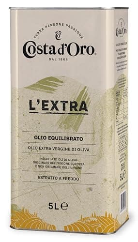 Costa d’Oro – L’Extra . Olio Extravergine di oliva estratto a freddo. Sapore equilibrato, adatto a tutte le ricette e come condimento per insalate. Latta da 5 litri, 1