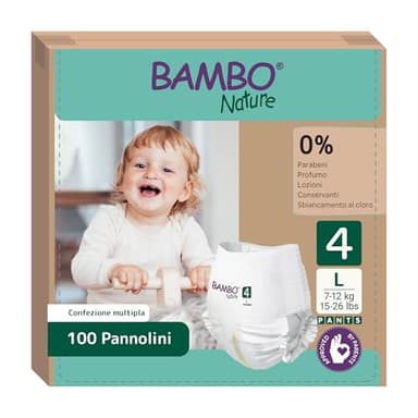 Bambo Nature Pannolini taglia 4 (7-12 kg) 100 pz Pacco mensile | Pannolini a mutandina con protezione dalle fuoriuscite migliorata | Massimo comfort per i bambini | Dermatologicamente testati