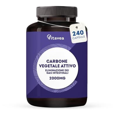 CARBONE VEGETALE ATTIVO - Detox Naturale - 240 Capsule Vegetali - Pancia Gonfia - 2000 mg per Assunzione - Contro Flatulenza e Meteorismo - Derivato da Noce di Cocco - Naturale e Vegano