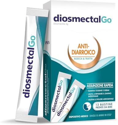 DiosmectalGo® - Antidiarroico Adulti e Bambini 8+, 12 Monodose Pronte da Bere a Base Diosmectite 3g, Dispositivo Medico Blocca&Tratta Diarrea, Allevia Dolori, Ripara Danno Intestinale, Caramello Cacao