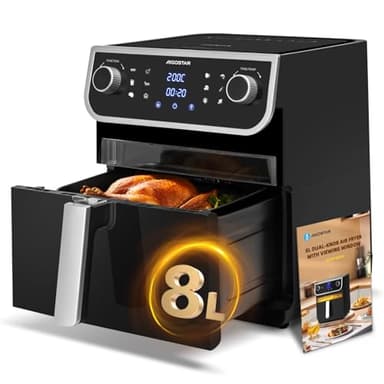 Aigostar - Friggitrice ad aria 8L, Air Fryer XXL olio con finestra di visualizzazione, 1700 W, 12 funzioni preimpostate + manuale, Touch screen LED. Doppio utilizzo: con cestello o cassetto