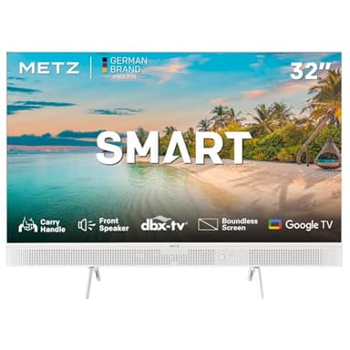 METZ 32MTE7000Z Smart TV 32” HD, Televisione Google Portatile, Design Slim Bianco con Maniglia, Speaker Frontale, Google Assistant, Dolby Audio, dbx-TV, Bluetooth 5.0, Tuner DVB-T/T2/C/S/S2/Analogico