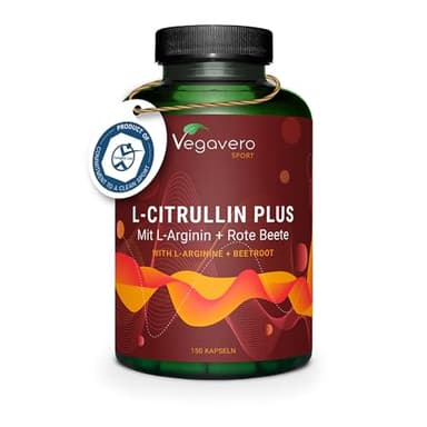 Vegavero L-Citrullina + L-Arginina | 2946 mg di Citrullina Malato (AMINOFERMENT) | con Barbabietola (Betaina) | Senza Additivi | Performance Sportiva e Massa Muscolare | 150 capsule | Vegan