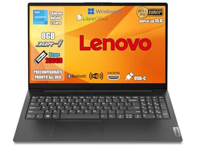 Lenovo Pc Portatile, Notebook Intel N4500, Ram 8Gb, SSD 256Gb, FHD 15.6", Ingresso Lan, Hdmi, Usb Type-C, Win 11 Pro, Wi-Fi, Computer Portatile, Laptop Mouse WiFi Omaggio