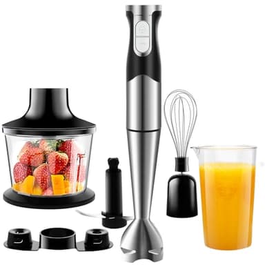 Frullatore a immersione potente 1200 W 6 in 1 velocità regolabile mixer a mano multifunzione in acciaio inossidabile con funzione antispruzzi per mescolare verdure gelati e marmellata ecc