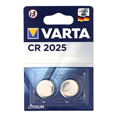 VARTA CR 2025, 6025101402, Batteria Litio a Bottone, Piatta, Specialistica, 3 Volts, Diametro 20mm, Altezza 2,5mm, confezione 2 pile