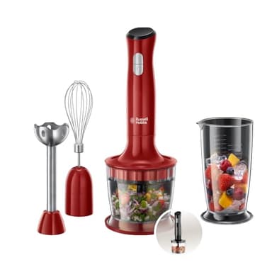 Russell Hobbs Frullatore a Immersione Rosso - 3 in 1 - Frullatore-tritatutto, Mixer e Frusta - Senza BPA e Lavabile in Lavastoviglie, Frullati, Zuppe, Salse, Yogurt, Alimenti Bambini, 24700-56