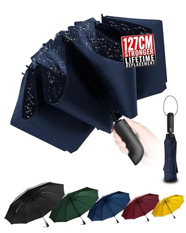 Conlun Ombrello pieghevole antivento pioggia compatto anti-tempesta - automatico blu per uomo, rivestimento in Tessuto 210T, ombrello inverso da 127 cm, grande 10 ossa Regali di Natale