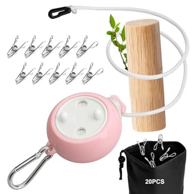 VOSSOT Stendibiancheria Estensibile, 10M Stendibiancheria da Viaggio Portatile, Filo Stendibiancheria Retrattile 20 Clip Antivento Stendino da Viaggio Per Balcone Campeggio Viaggio Accessori