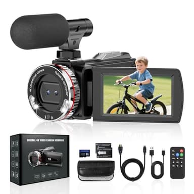 Videocamera UHD 4K 48MP 60FPS Video Camera, 21X Zoom Digitale 3.0" IPS Schermo Camcorder per Youtube, Rotazione di 270° Vlog Camera con Scheda SD da 64 GB, Microfono, Telecomando, 2 Batterie