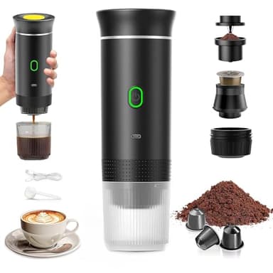 VHV Macchina Caffe Portatile 3 In 1 Macchina Caffe, 3 Minuti Di Auto-Riscaldamento, Caffettiera Elettrica Compatibile con Piccole Capsule, Grandi Capsule, Caffe Macinato, Per Ufficio, Auto (Nero)