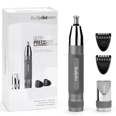 BaByliss Trimmer rifinitore naso/orecchie/sopracciglia Super-X Metal, 2 accessori intercambiabili, 2 guide di taglio, a batteria, E116E