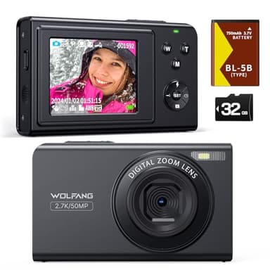 WOLFANG Fotocamera digitale, fotocamera per bambini da 2,7K, fotocamera compatta da 50MP, videocamera con zoom digitale 16x, zoom e scatto automatico, regalo per ragazzi