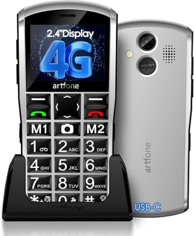 artfone A400 Pro 4G Telefono Cellulare per Anziani con Tasti Grandi丨Funzione SOS丨Chiamata Rapida丨Volume Alto丨Base di Ricarica丨Funzione di orario丨Doppia SIM丨Fotocamera丨Batteria da 1800 mAh - Argento