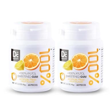 DC24 DAILY CARE Gomma da masticare allo xilitolo, senza aspartame e senza zucchero, al gusto di frutta fresca, non OGM, senza glutine, vegana, 60 pezzi, confezione da 2