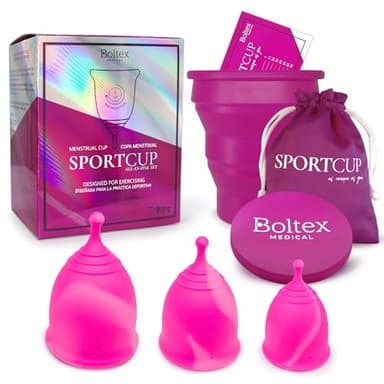 Coppetta Mestruale SPORT CUP ALL-IN-ONE SET di BOLTEX MEDICAL. Progettata per DONNE ATTIVE. Include Sterilizzatore, 3 Coppette Mestruali SPORT CUP: Taglia S, Taglia M, Taglia L e Borsa per Conservarle