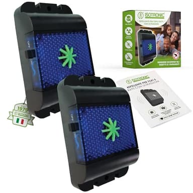 ISOTRONIC Repellente a ultrasuoni per roditori, set da 2 pezzi, funzionamento a batteria per interni ed esterni, contro topi, ratti, martore, dormienti, volpi e procioni, con luce LED blu