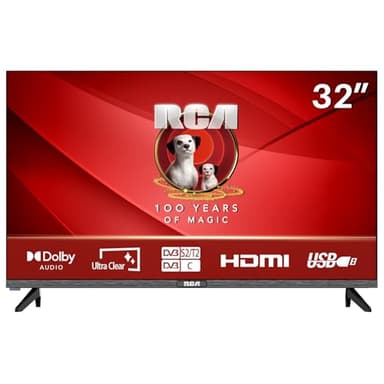 RCA E32 TV 32 Pollici LED Televisore HD Ready Dolby Surround TV 80cm Ultra Slim Senza Confini DVB-T2/S2/C HDMI USB Modalità Hotel [Classe di Efficienza Energetica F]