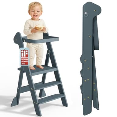 COSYLAND Torre Montessoriana Pieghevole – Torretta Montessoriana Regolabile con Design Premiato IF, Sicura, Pieghevole e Ideale per Attività di Apprendimento in Cucina e Bagno (Blu Ardesia)